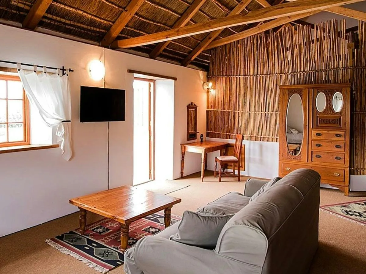 Suite with a lounge under a timber ceiling